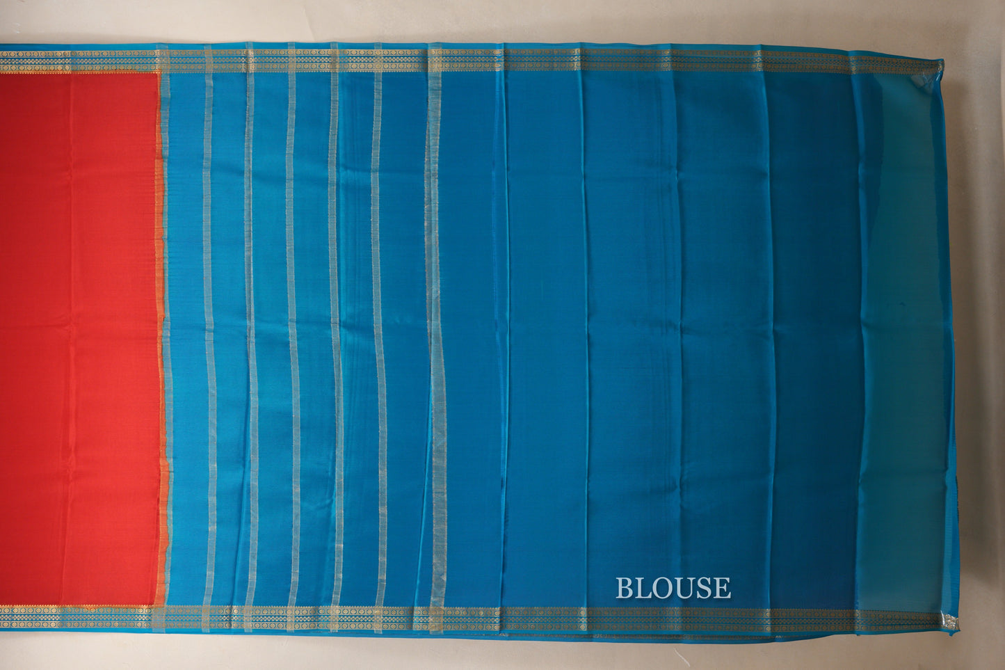 Red with Rama Blue Borders Mysore Silk Saree blouse