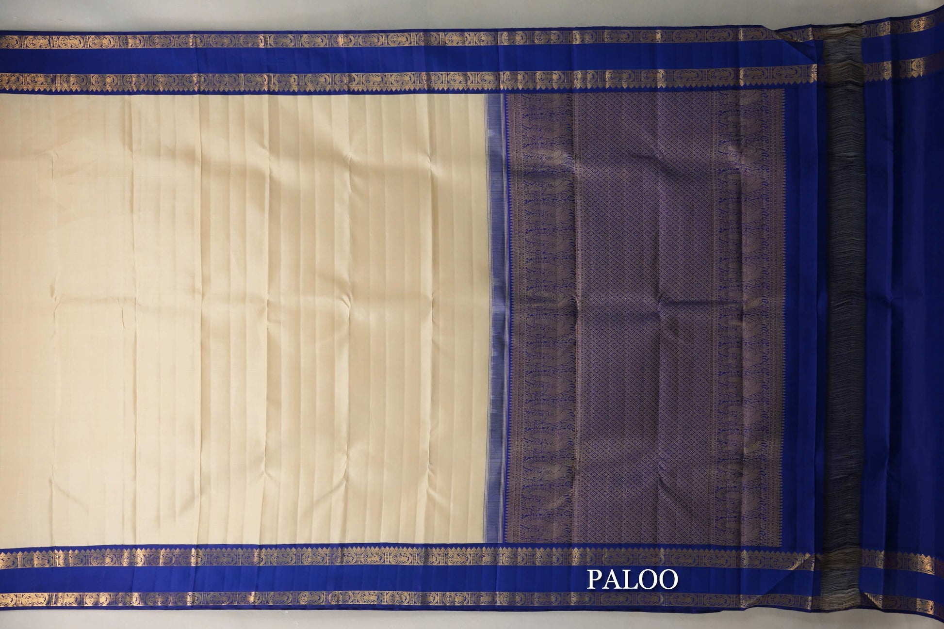 Cream Beige with Deep Royal Blue Rettai Pettu Borders Plant Based Kanjivaram Silk Saree paloo