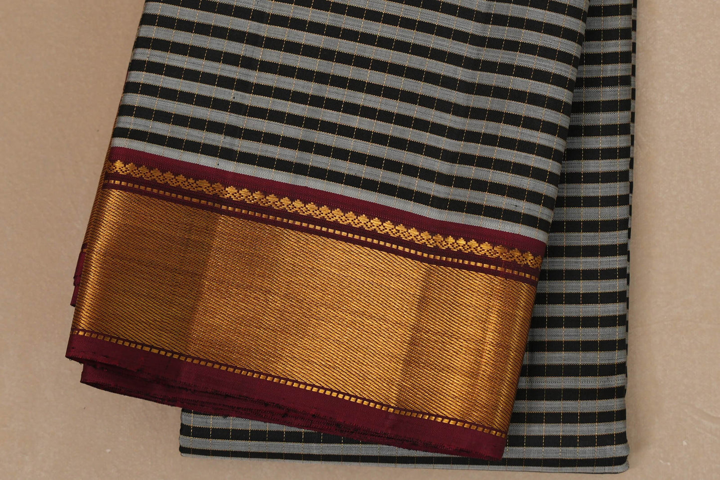 Black and grey stripe Vintage Kanjivaram Silk Saree  border