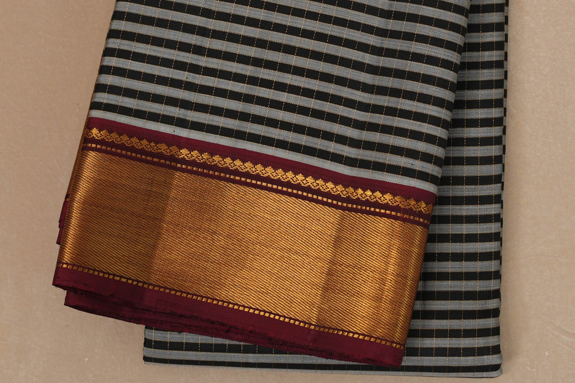 Black and grey stripe Vintage Kanjivaram Silk Saree  border
