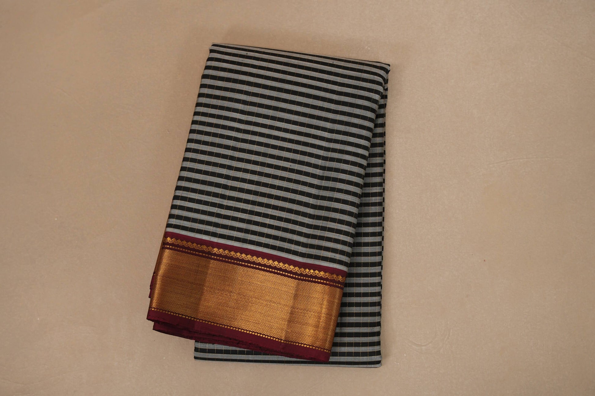 Black and grey stripe Vintage Kanjivaram Silk Saree