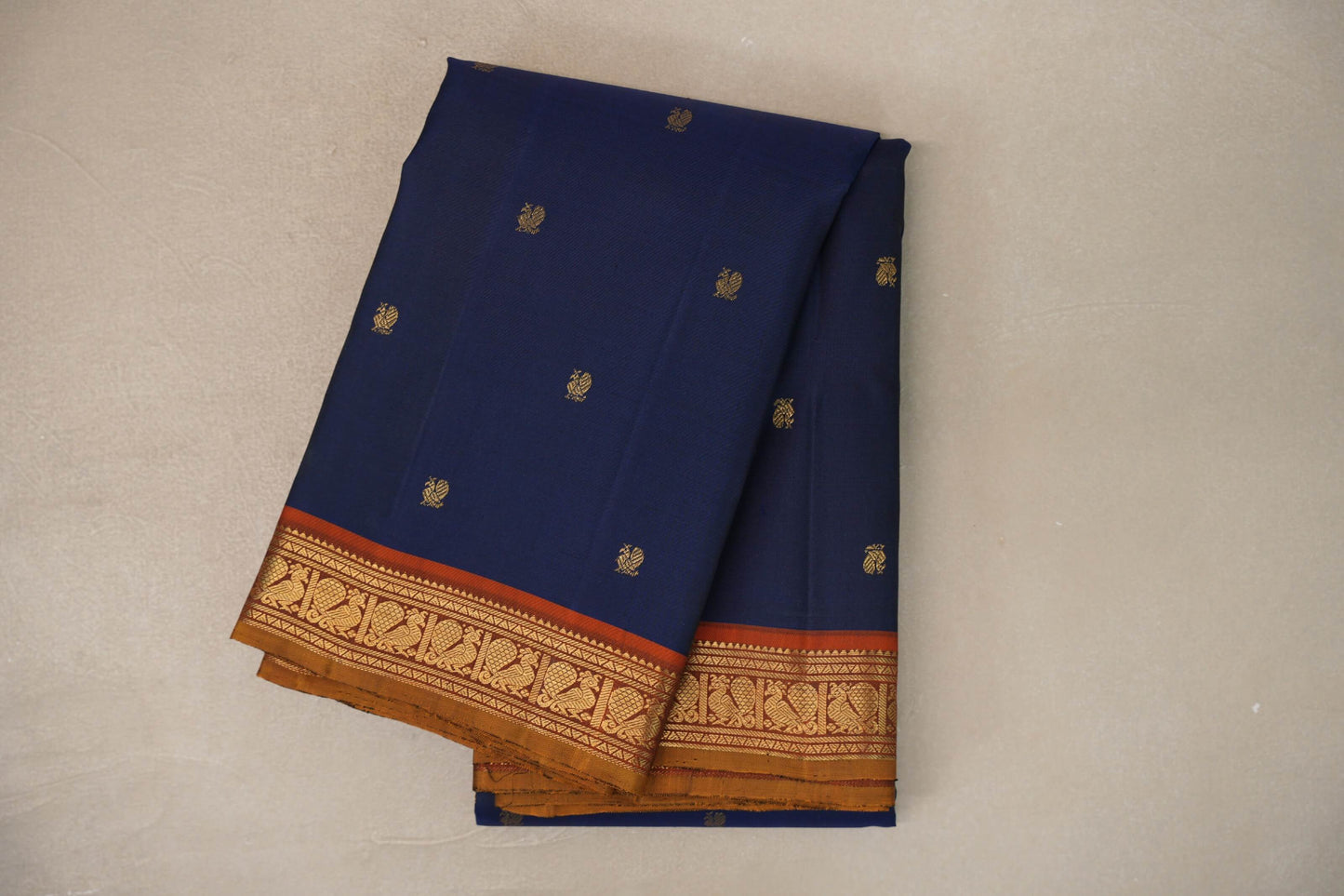 Navy Blue with Rust Orange with Olive Green Selvedge Borders Vintage Kanjivaram Silk Saree