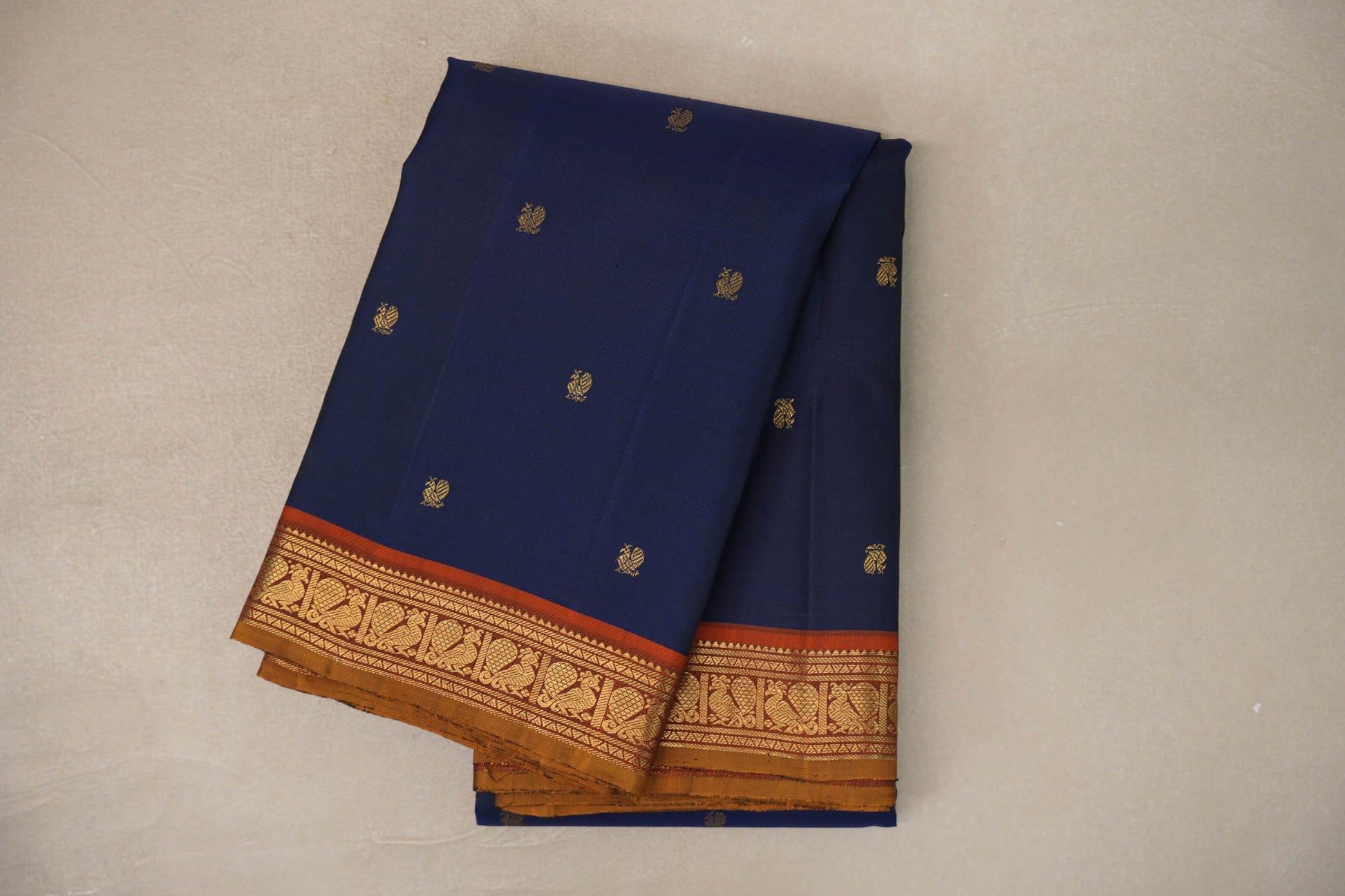 Navy Blue with Rust Orange with Olive Green Selvedge Borders Vintage Kanjivaram Silk Saree