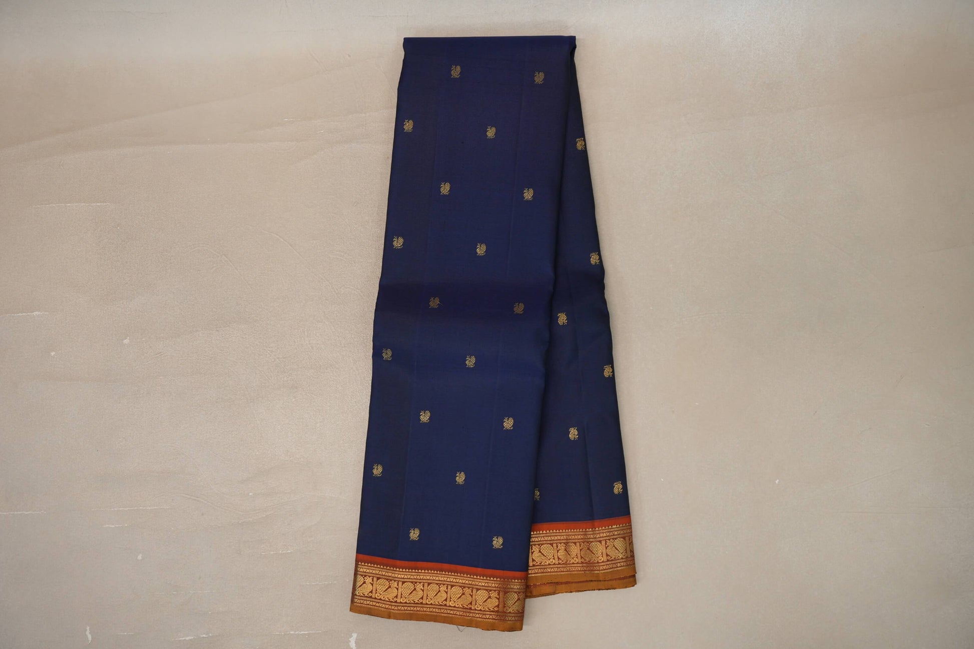 Online Navy Blue with Rust Orange with Olive Green Selvedge Borders Vintage Kanjivaram Silk Saree