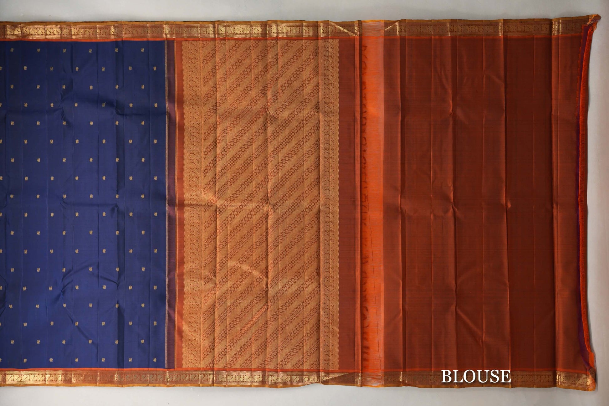 Navy Blue with Rust Orange with Olive Green Selvedge Borders Vintage Kanjivaram Silk Saree blouse