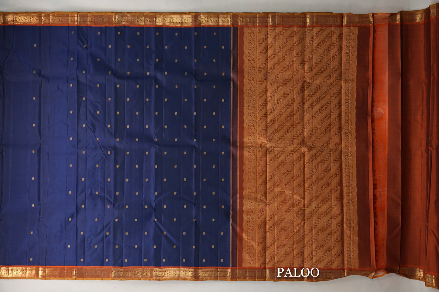 Navy Blue with Rust Orange with Olive Green Selvedge Borders Vintage Kanjivaram Silk Saree paloo