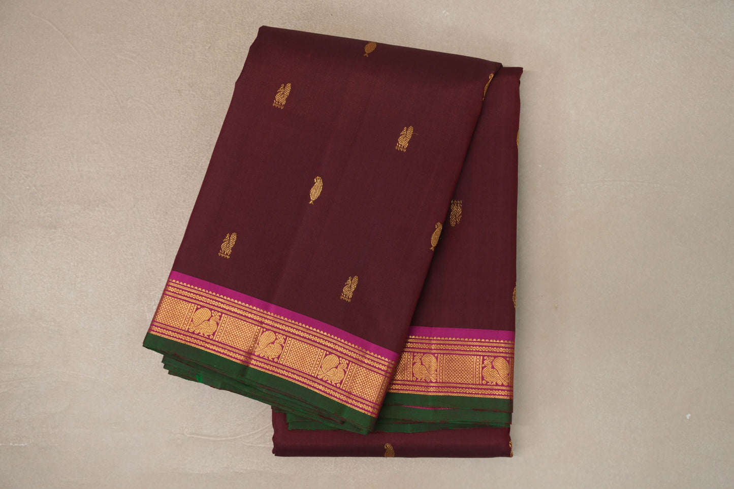 Reddish Maroon with Magenta with Green Selvedge Borders Vintage Kanjivaram Silk Saree