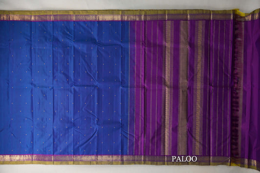 Classic Blue with Deep Magenta with Olive Yellow Borders Vintage Kanjivaram Silk Saree paloo
