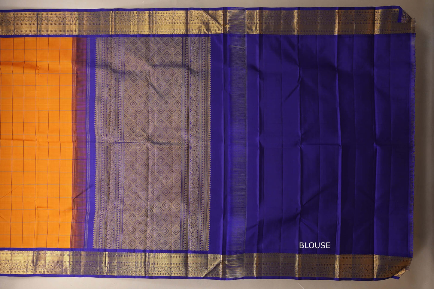 Mango yellow with Royal blue border Vintage Kanjivaram Silk Saree by Shreenivas Silks PSSR018696