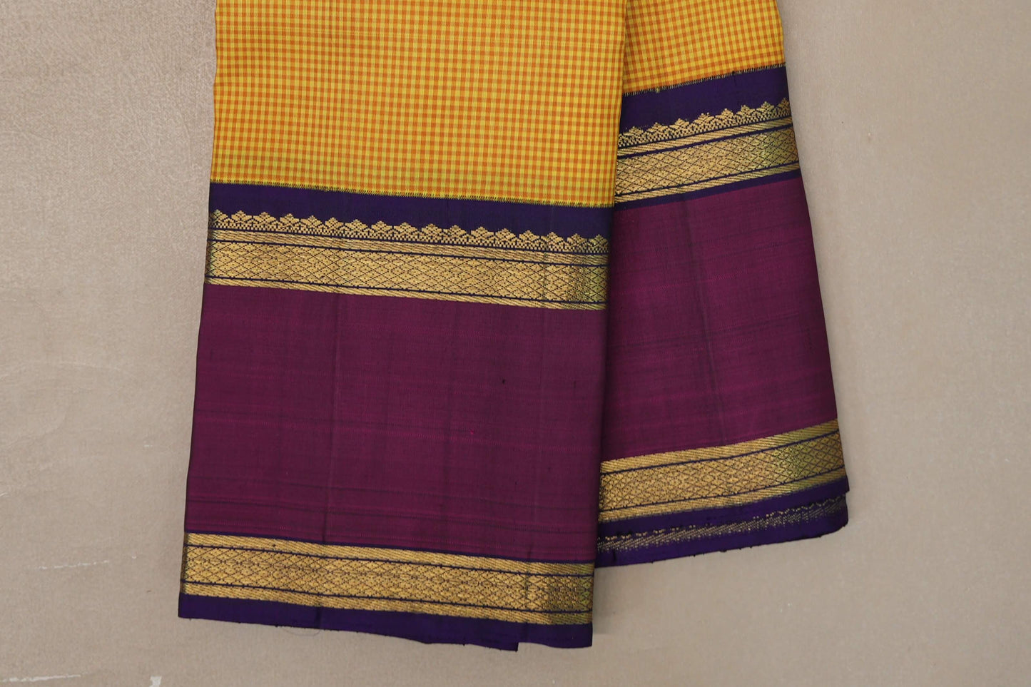 Yellow with Mustard Checks Vintage Kanjivaram Silk Saree rettai pettu border
