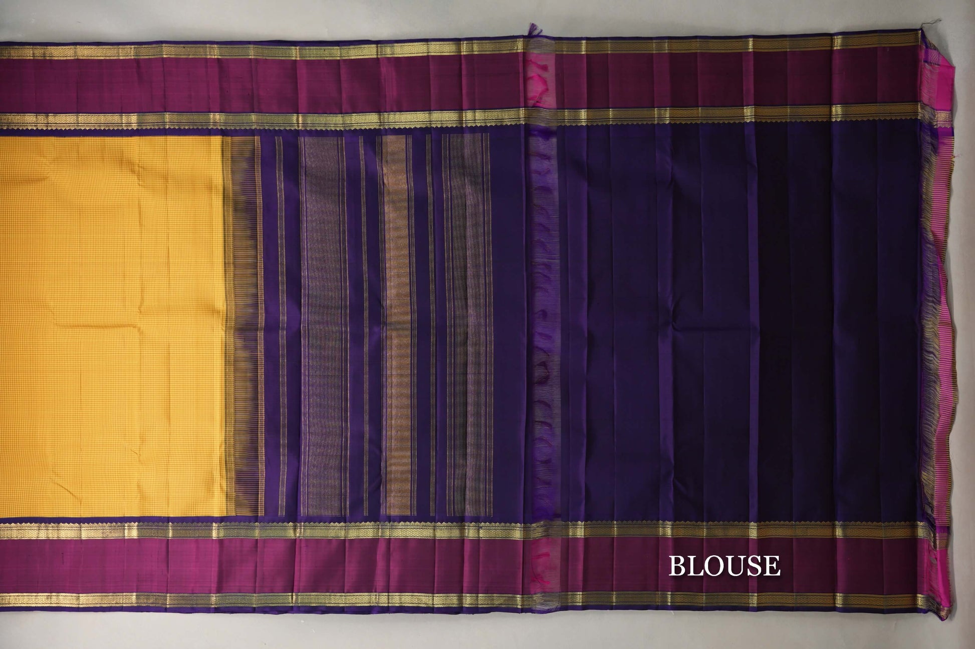 Yellow with Mustard Checks with Rettai Pettu Borders Vintage Kanjivaram Silk Saree blouse