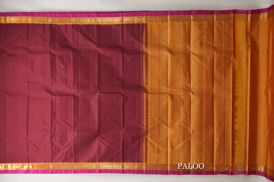Deep Maroon with Mustard with Bright Pink Selvedge Borders Vintage Kanjivaram Silk Saree paloo