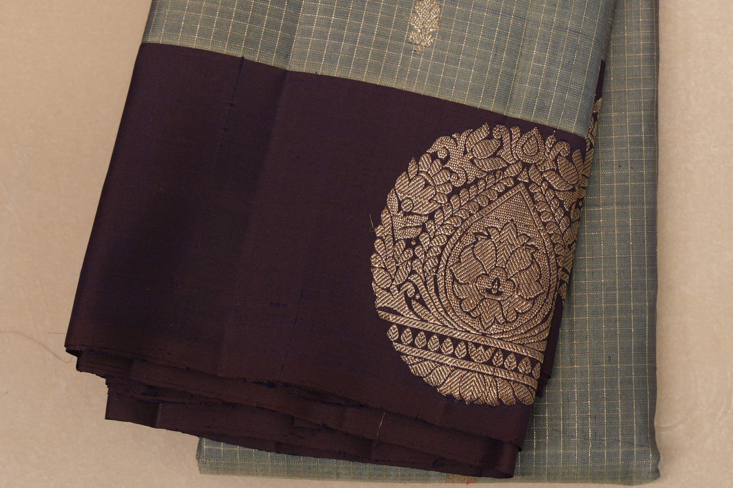 Silver grey with Deep Purple border Vintage Kanjivaram Silk Saree  border