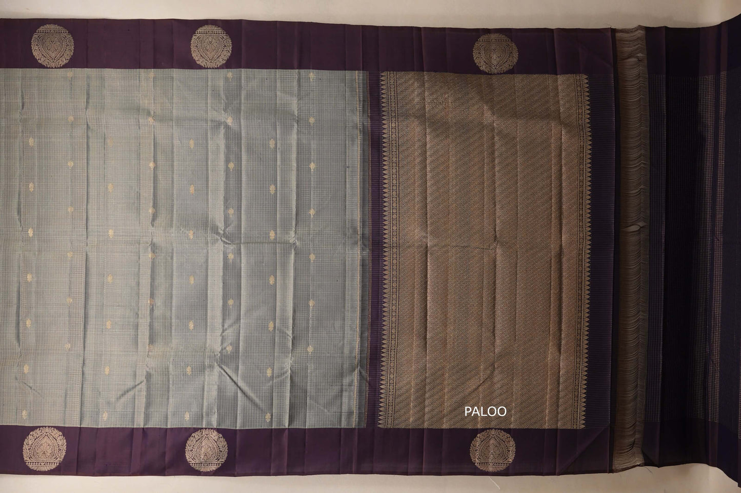 Silver grey with Deep Purple border Vintage Kanjivaram Silk Saree  paloo