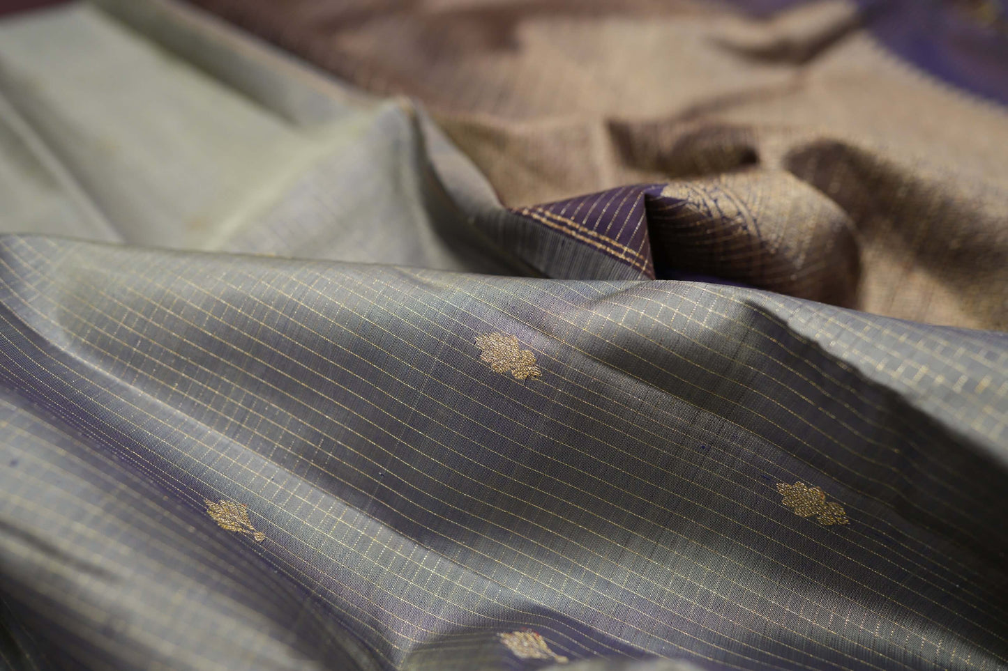 Silver grey with Deep Purple border Vintage Kanjivaram Silk Saree 