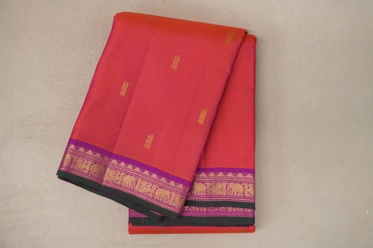 Dual Tone of Orange & Pink with Magenta with Bottle Green Selvedge Borders Vintage Kanjivaram Silk Saree