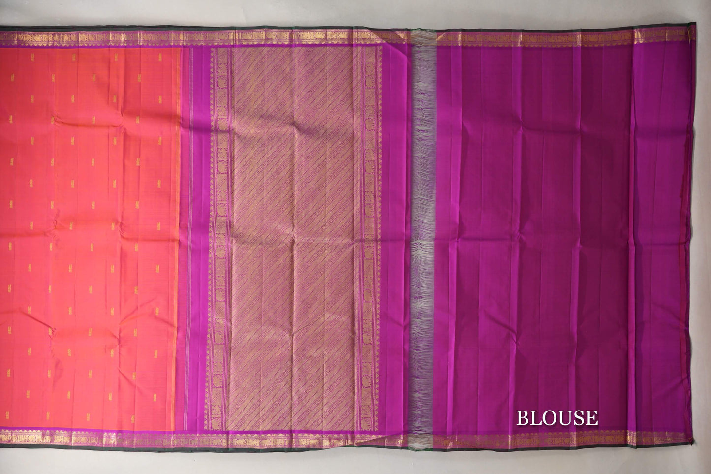 Dual Tone of Orange & Pink with Magenta with Bottle Green Selvedge Borders Vintage Kanjivaram Silk Saree blouse
