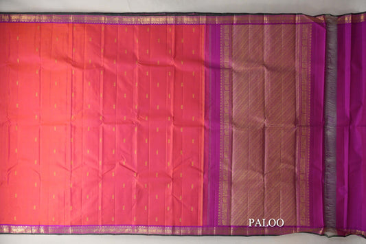Dual Tone of Orange & Pink with Magenta with Bottle Green Selvedge Borders Vintage Kanjivaram Silk Saree paloo