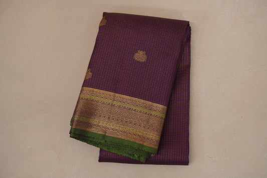 folded Deep Purple Vintage Zari Checks Kanjivaram Silk Saree 