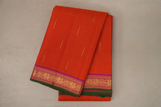 Bright Orange with Magenta with Dark Green Selvedge Borders Vintage Kanjivaram Silk Saree