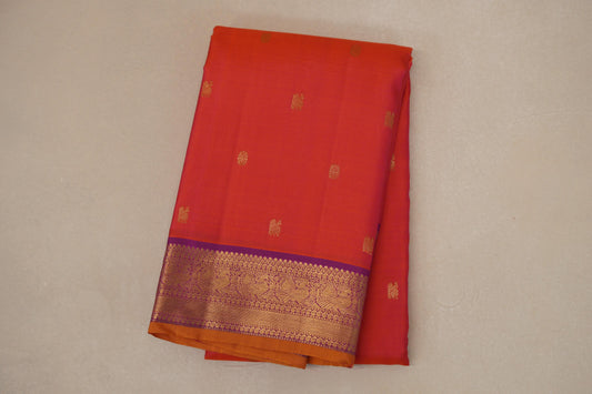 Orangish Pink with Dark Magenta Borders and Mustard Orange Selvedge Vintage Kanjivaram Silk Saree by Shreenivas Silks PSSR018703