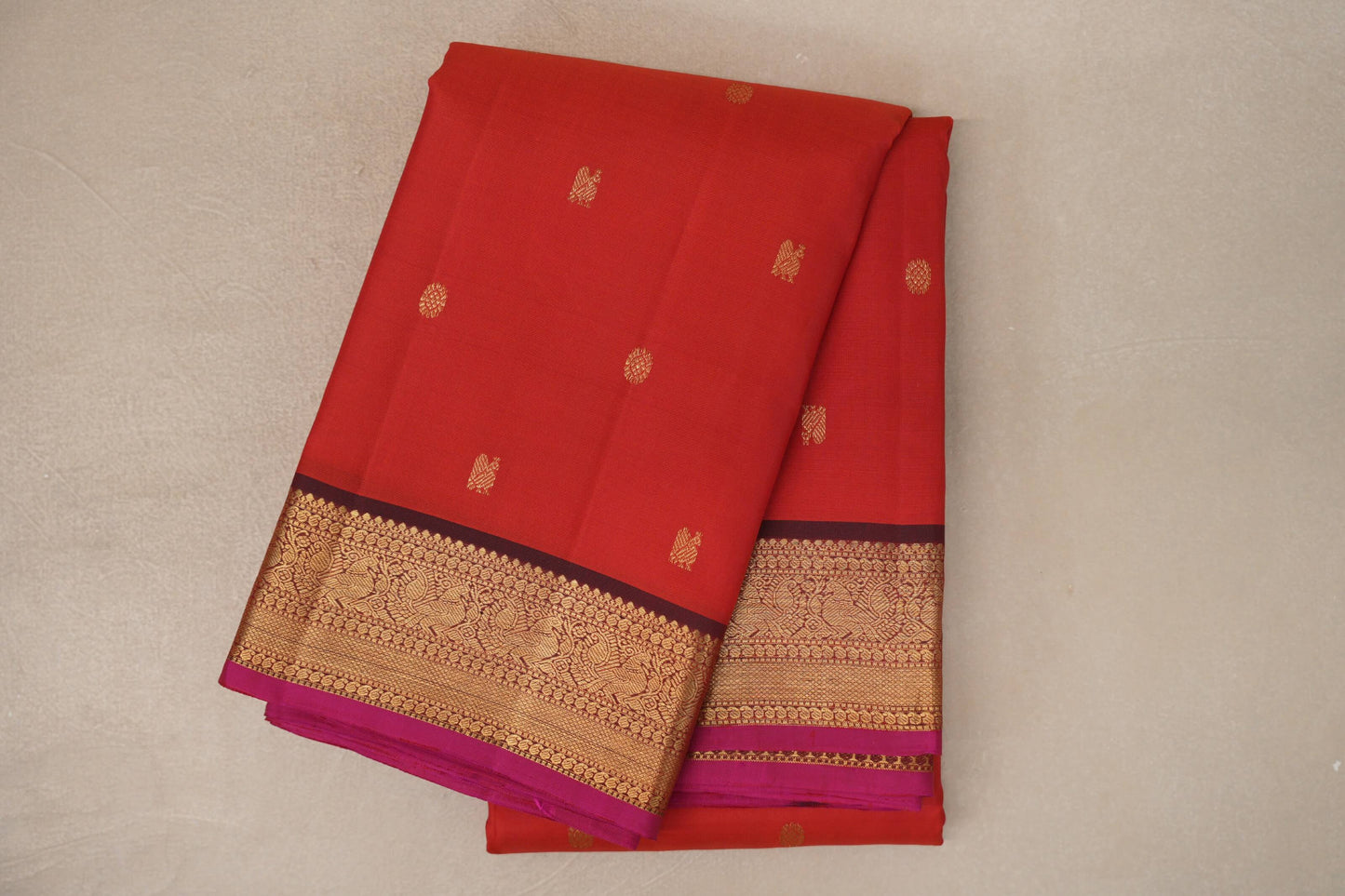 Chilli Red with Maroon with Rani Pink Selvedge Borders Vintage Kanjivaram Silk Saree