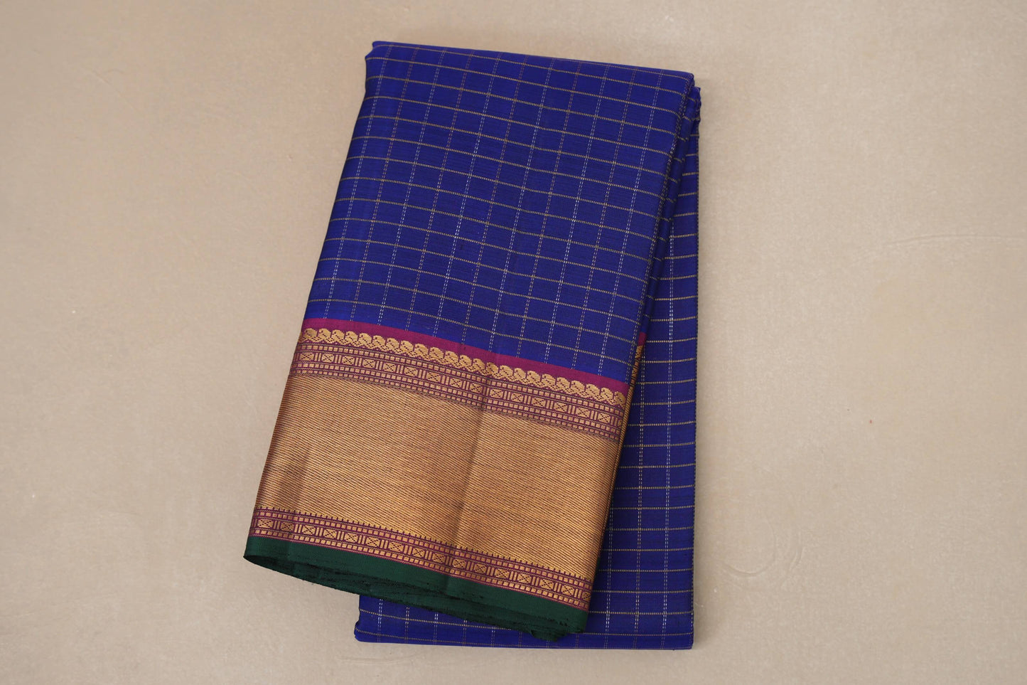 Deep Blue with Magenta Borders and Green Selvedge Zari Checks Vintage Kanjivaram Silk Saree by Shreenivas Silks PSSR018705