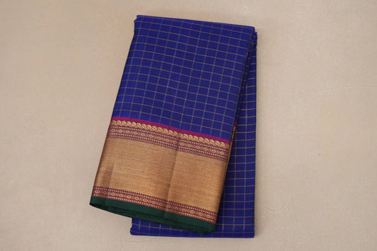 Deep Blue with Magenta Borders and Green Selvedge Zari Checks Vintage Kanjivaram Silk Saree by Shreenivas Silks PSSR018705
