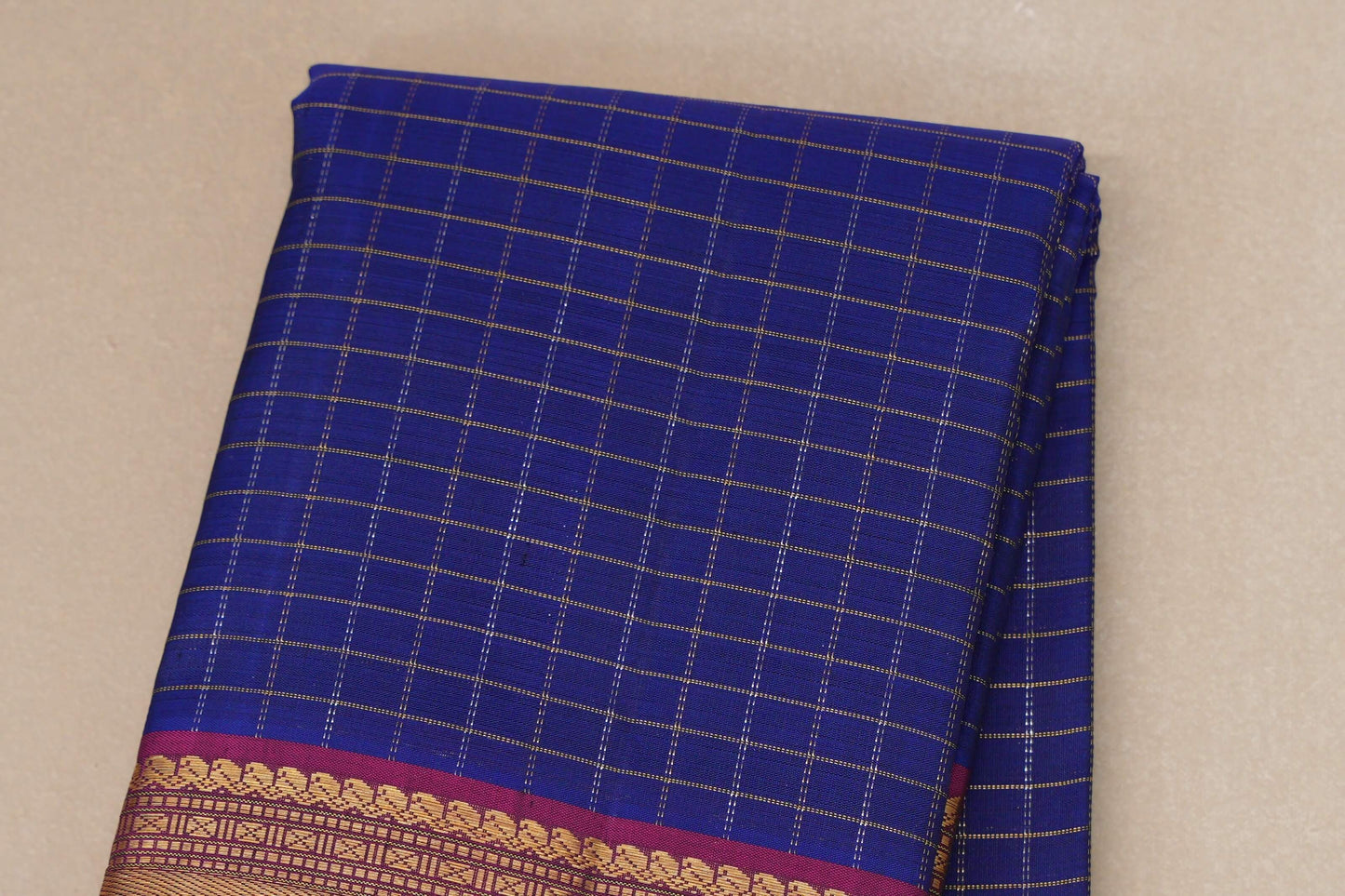 Deep Blue with Magenta Borders and Green Selvedge Zari Checks Vintage Kanjivaram Silk Saree by Shreenivas Silks PSSR018705