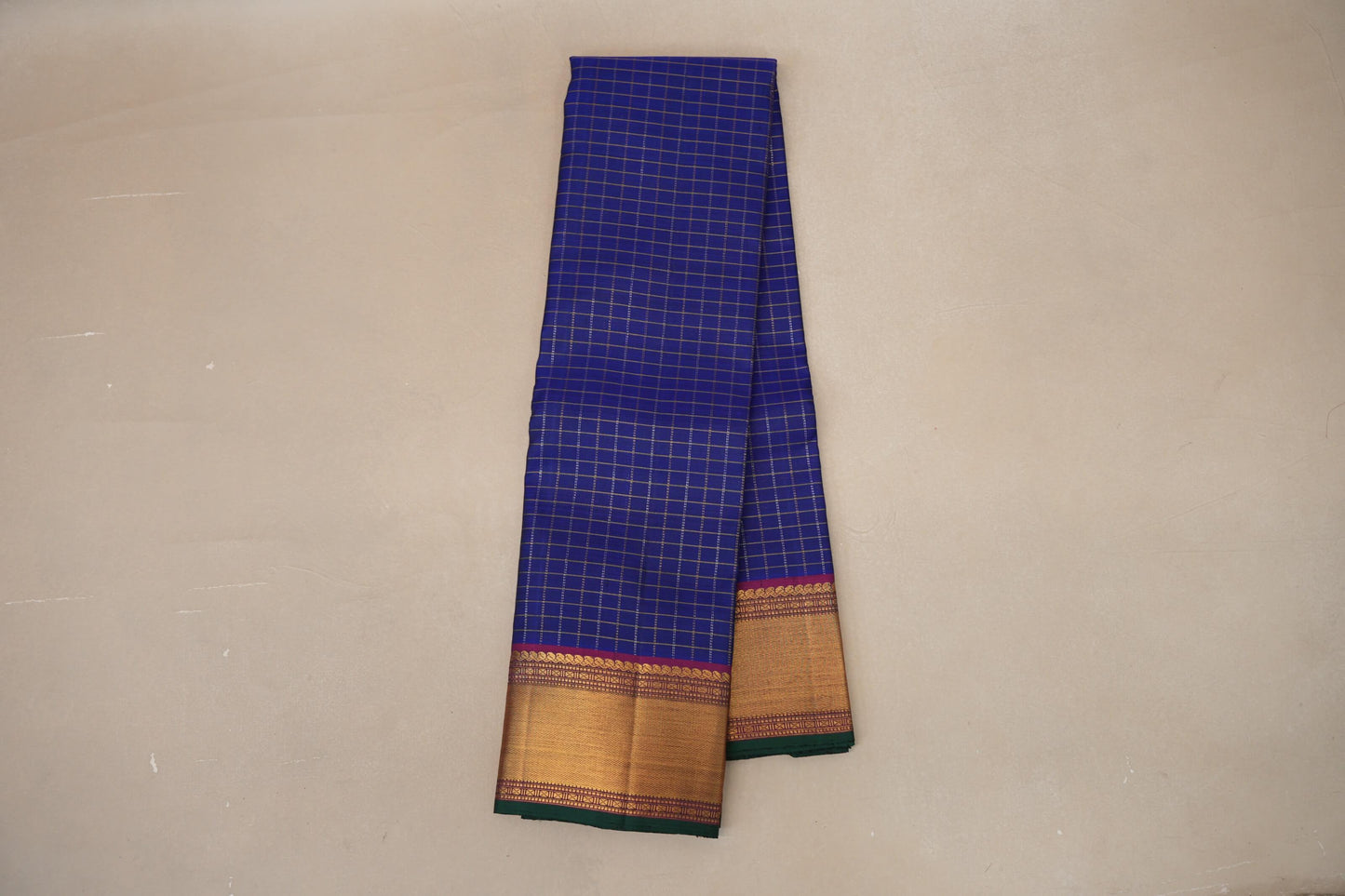 Deep Blue with Magenta Borders and Green Selvedge Zari Checks Vintage Kanjivaram Silk Saree by Shreenivas Silks PSSR018705
