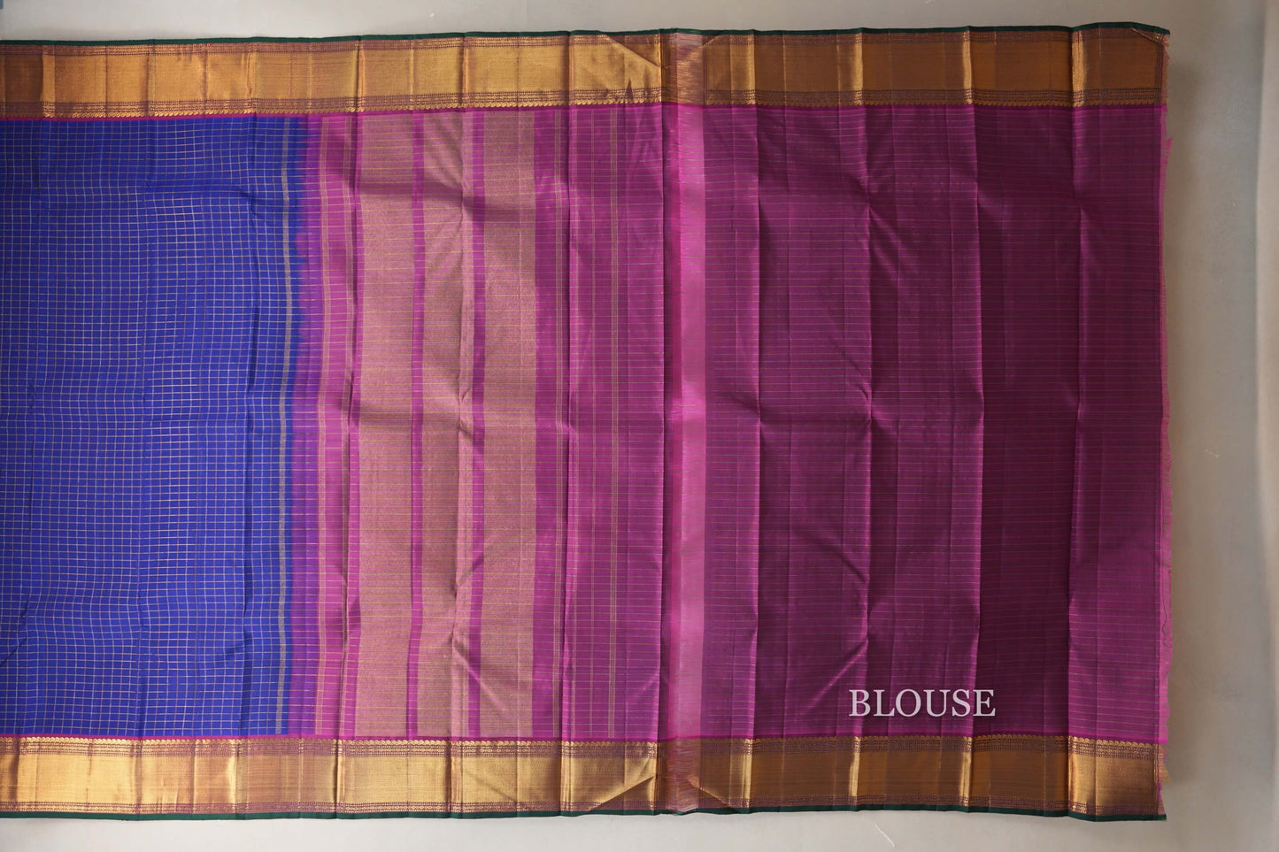 Deep Blue with Magenta Borders and Green Selvedge Zari Checks Vintage Kanjivaram Silk Saree by Shreenivas Silks PSSR018705