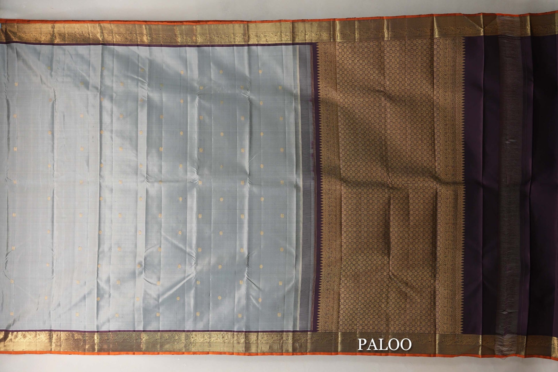 Grey with Maroon with Rust Selvedge Borders Vintage Kanjivaram Silk Saree paloo