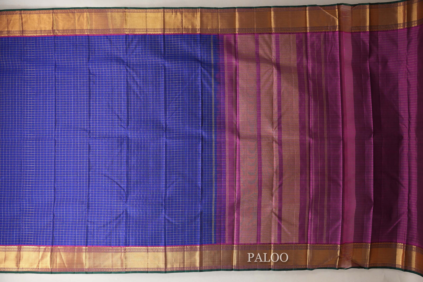 Deep Blue with Magenta Borders and Green Selvedge Zari Checks Vintage Kanjivaram Silk Saree by Shreenivas Silks PSSR018705