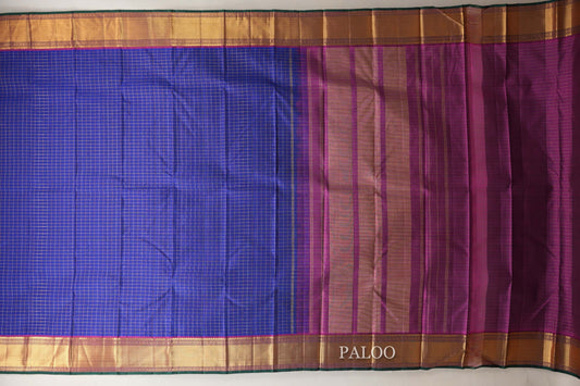 Deep Blue with Magenta Borders and Green Selvedge Zari Checks Vintage Kanjivaram Silk Saree by Shreenivas Silks PSSR018705
