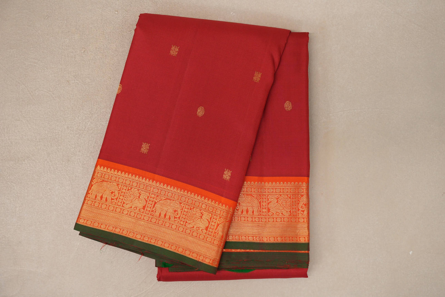 Dark Red with Orange with Green Selvedge Borders Vintage Kanjivaram Silk Saree