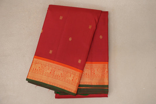 Dark Red with Orange with Green Selvedge Borders Vintage Kanjivaram Silk Saree