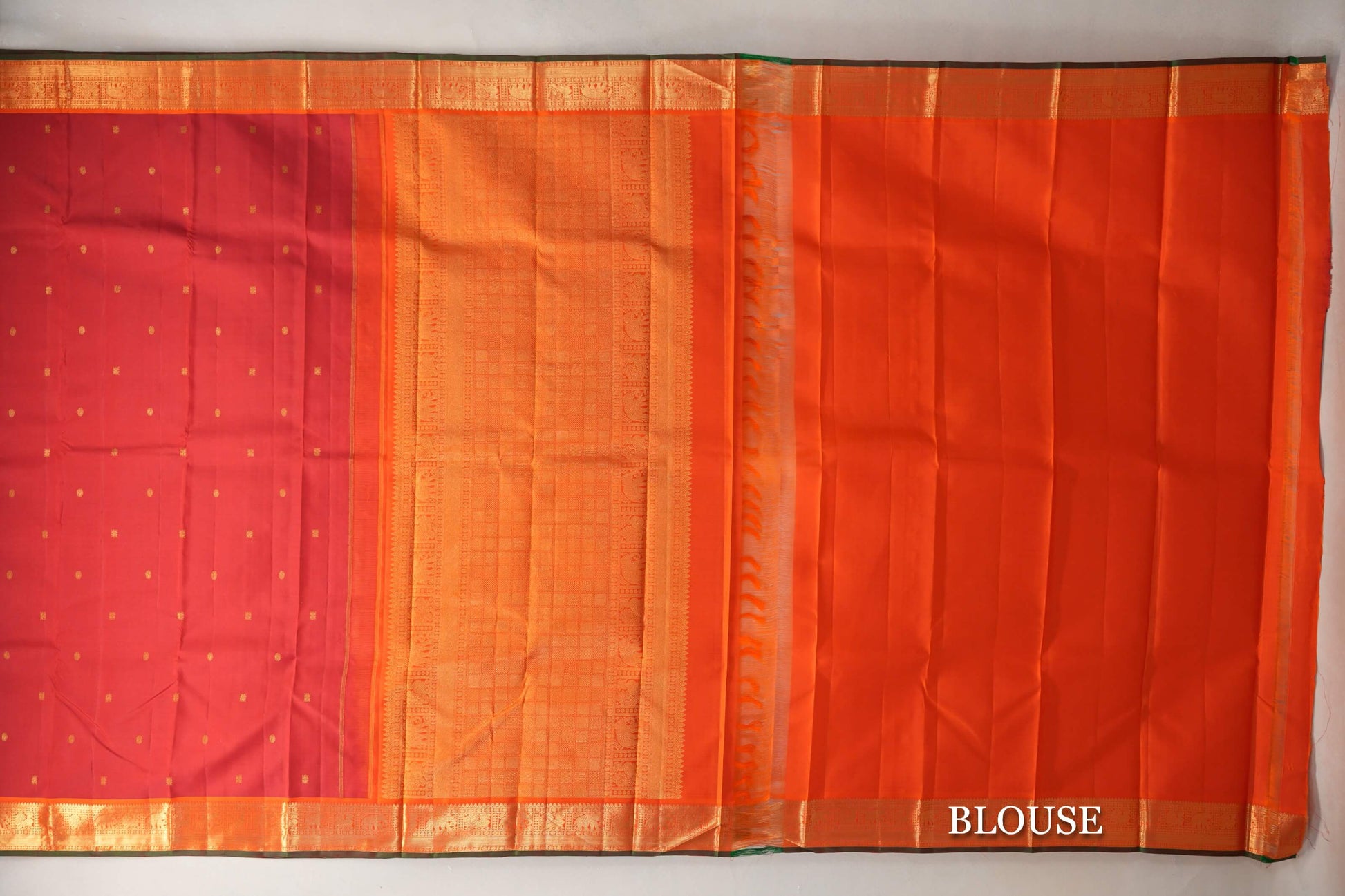 Dark Red with Orange with Green Selvedge Borders Vintage Kanjivaram Silk Saree blouse