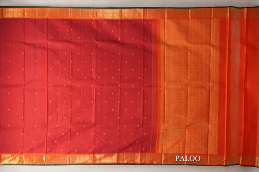 Dark Red with Orange with Green Selvedge Borders Vintage Kanjivaram Silk Saree paloo