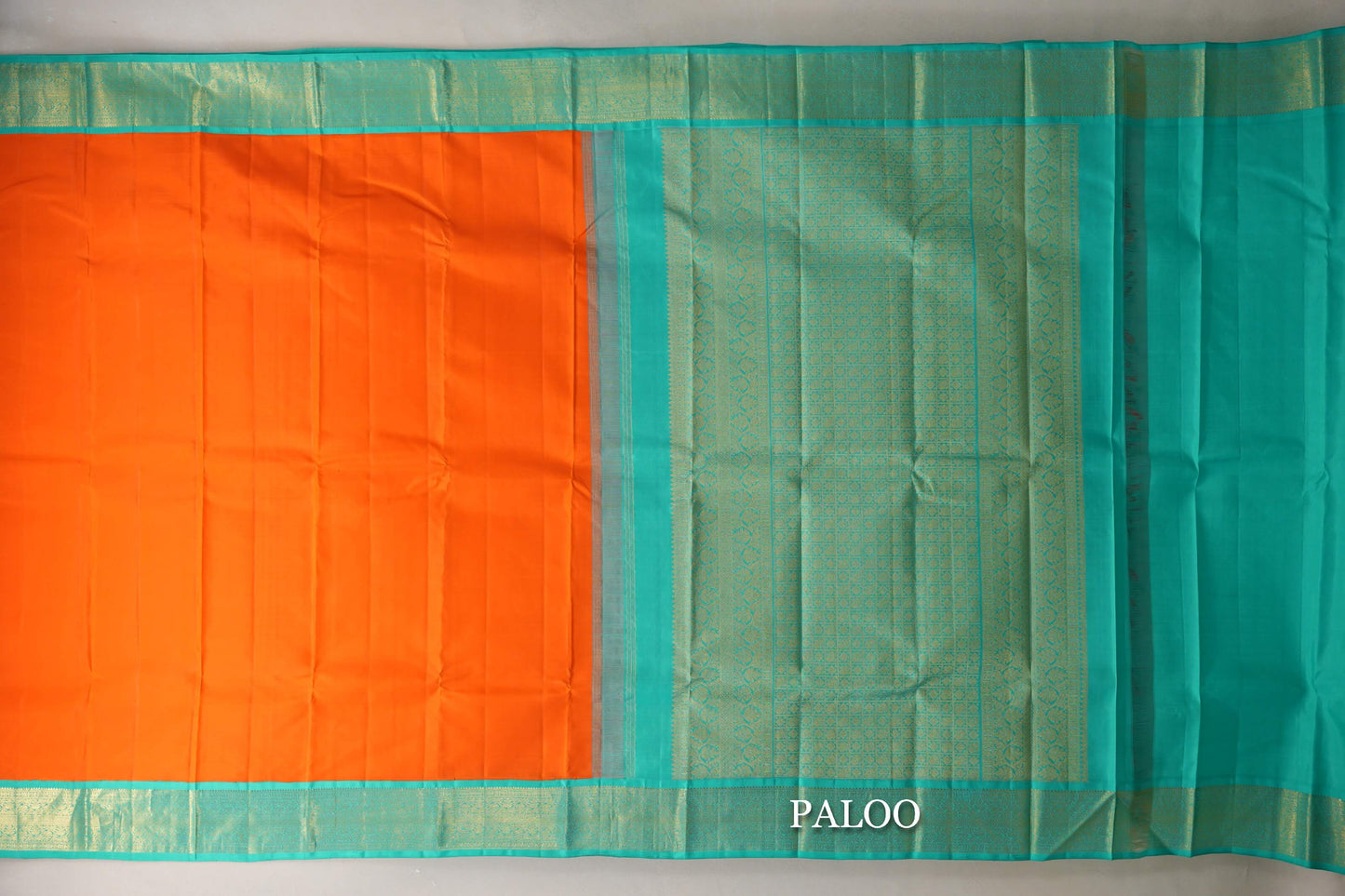 Bright Orange with Sea Green Borders Vintage Kanjivaram Silk Saree paloo