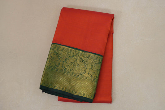 Orangish Red with Bottle Green Borders Vintage Kanjivaram Silk Saree by Shreenivas Silks PSSR018708