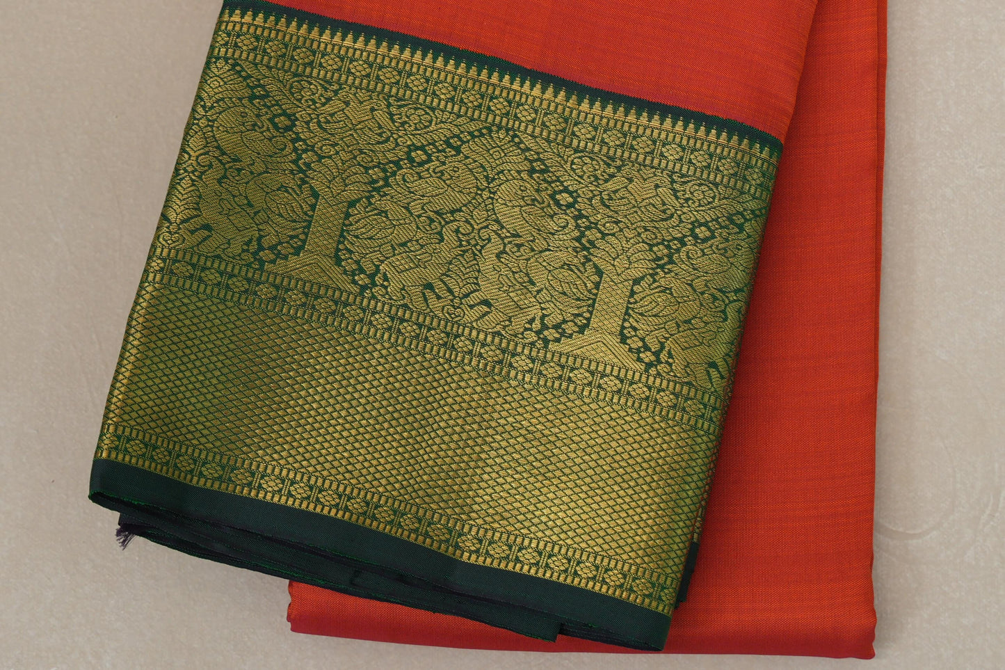 Orangish Red with Bottle Green Borders Vintage Kanjivaram Silk Saree by Shreenivas Silks PSSR018708