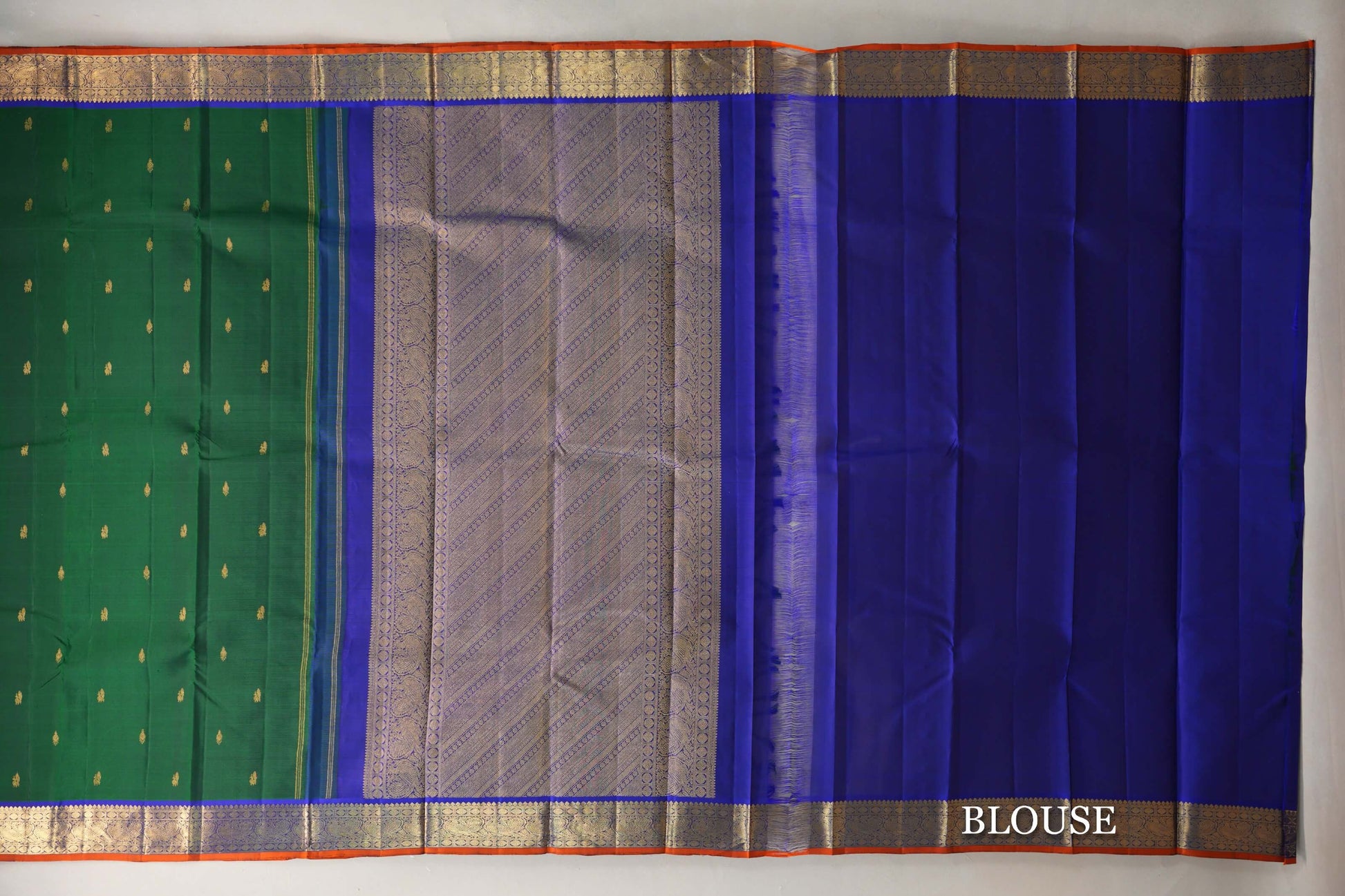Deep Green with Blue with Rust Selvedge Borders Vintage Kanjivaram Silk Saree blouse