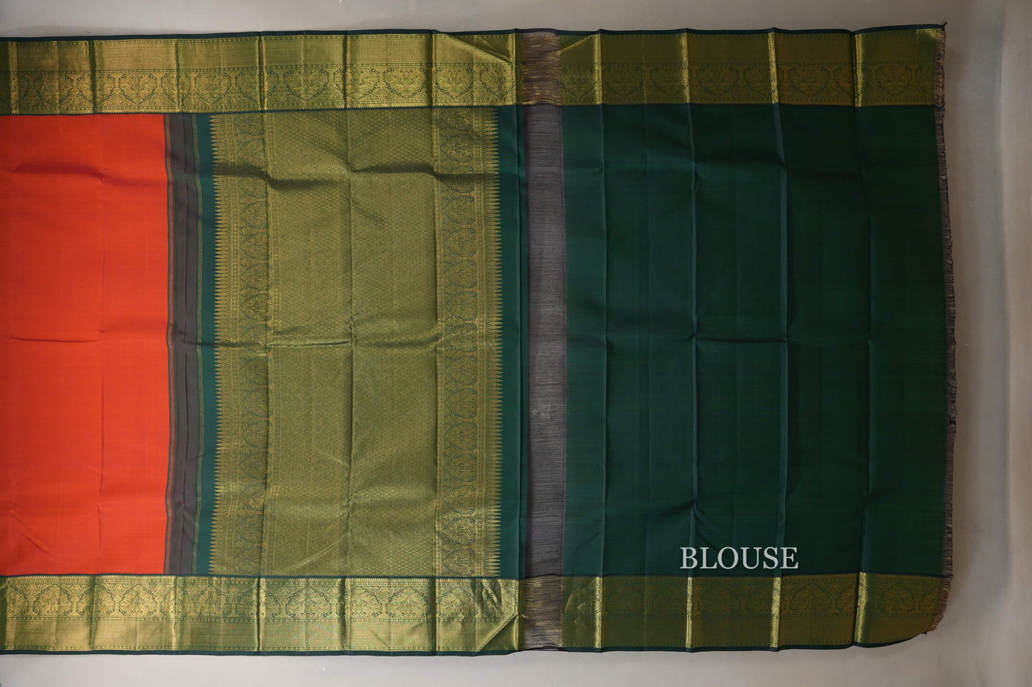 Orangish Red with Bottle Green Borders Vintage Kanjivaram Silk Saree by Shreenivas Silks PSSR018708