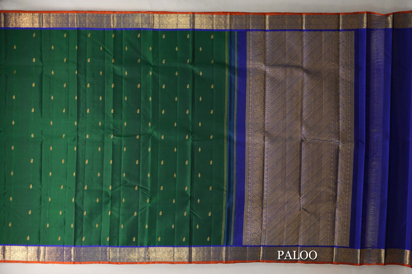 Deep Green with Blue with Rust Selvedge Borders Vintage Kanjivaram Silk Saree paloo