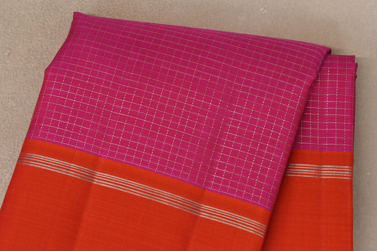 Magenta Zari Checks with Deep Orange Borders Vintage Kanjivaram Silk Saree body