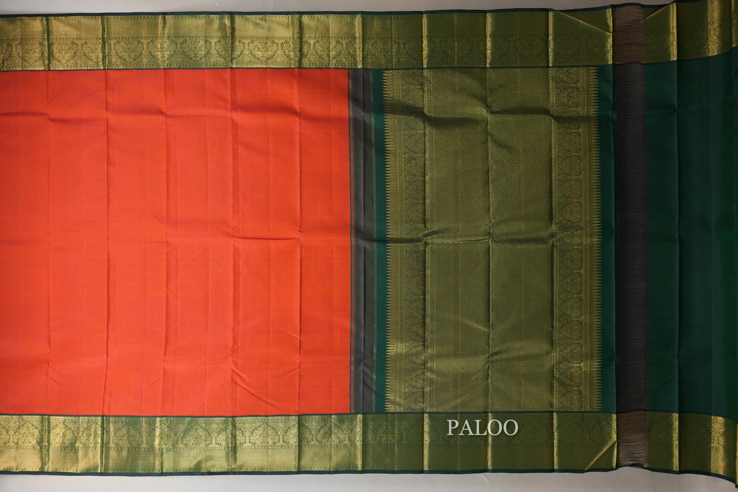 Orangish Red with Bottle Green Borders Vintage Kanjivaram Silk Saree by Shreenivas Silks PSSR018708