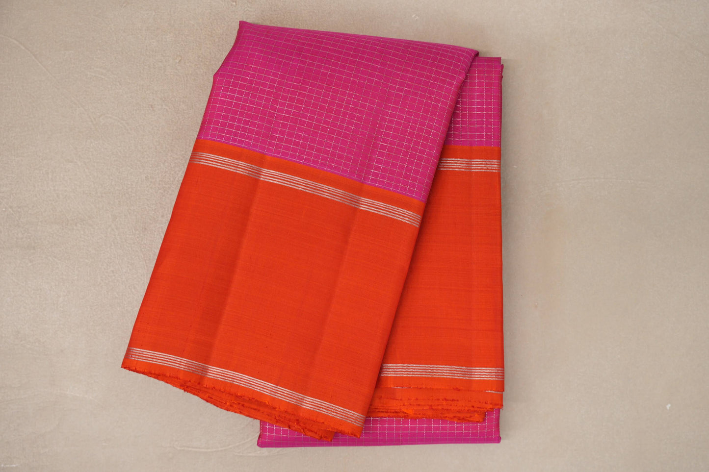 Magenta Zari Checks with Deep Orange Borders Vintage Kanjivaram Silk Saree