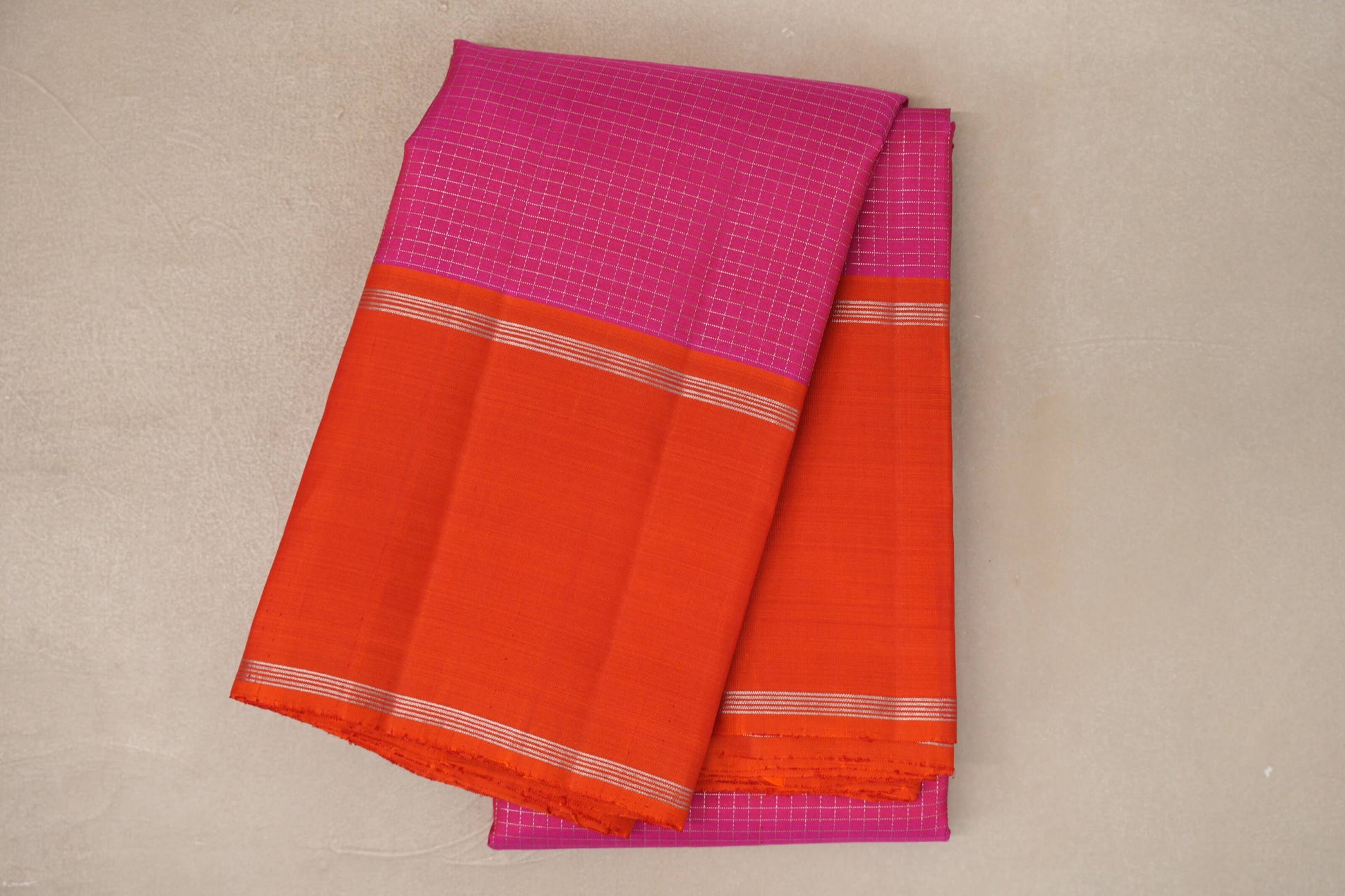 Magenta Zari Checks with Deep Orange Borders Vintage Kanjivaram Silk Saree