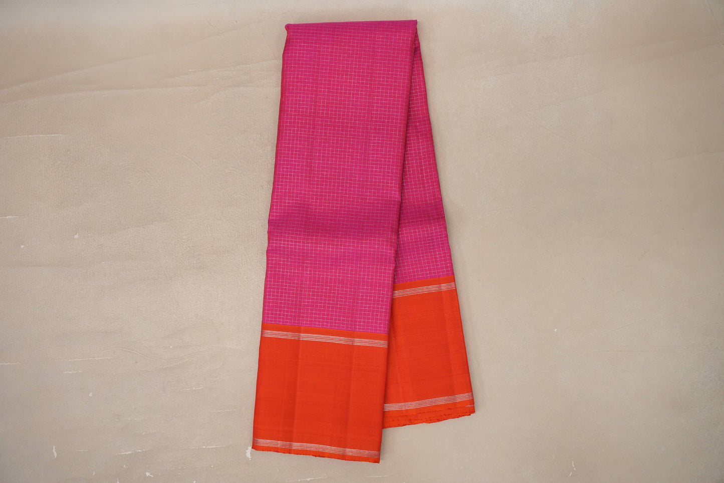 Online Magenta Zari Checks with Deep Orange Borders Vintage Kanjivaram Silk Saree