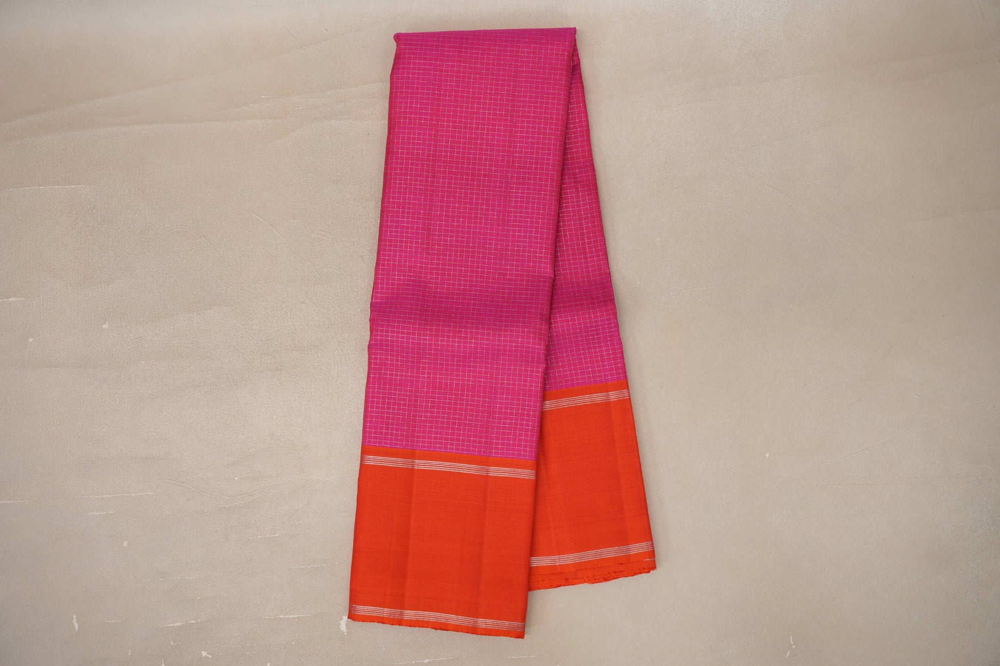 Online Magenta Zari Checks with Deep Orange Borders Vintage Kanjivaram Silk Saree